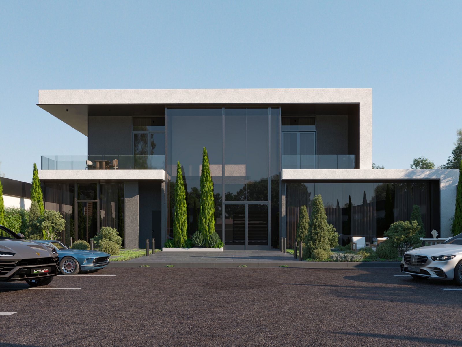 Contemporary Saudi villa entrance with landscaped front yard