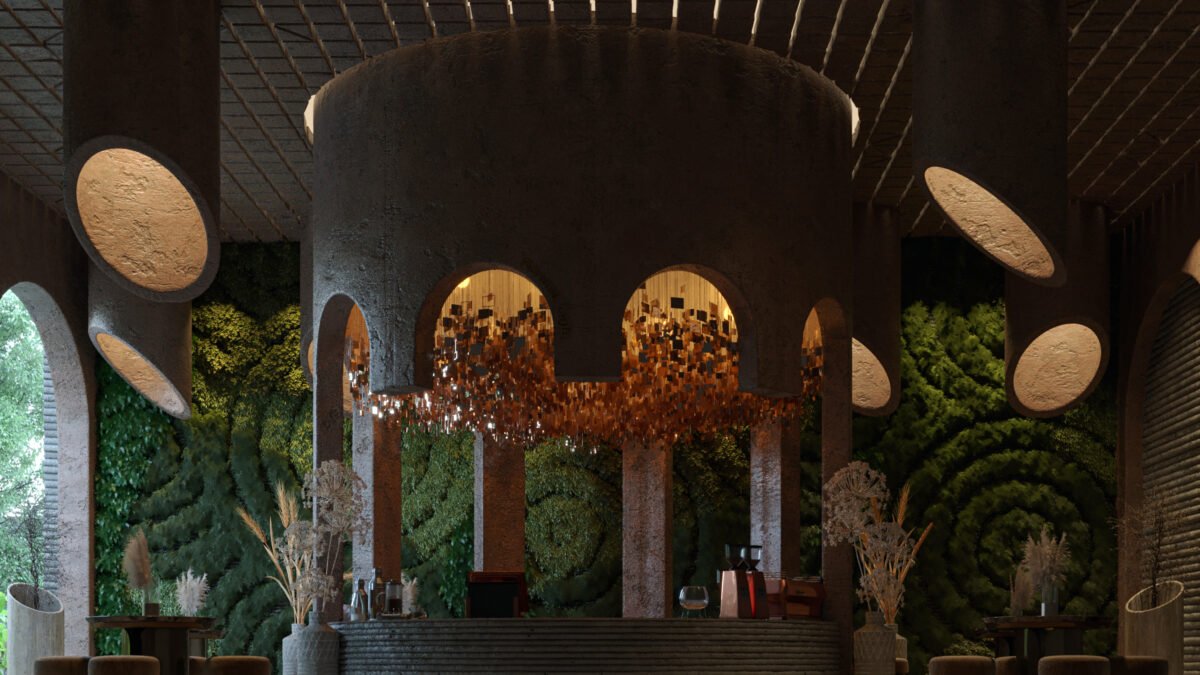 Sculptural café interior with curved concrete forms and green wall in Northern Cyprus