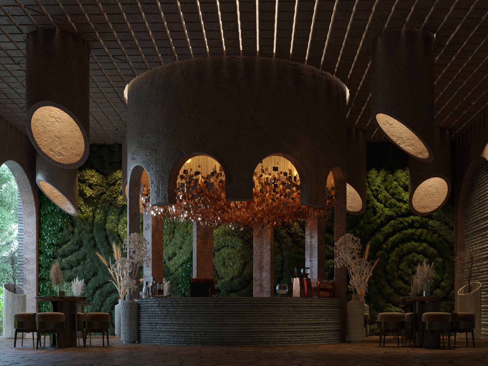 Sculptural café interior with curved concrete forms and green wall in Northern Cyprus