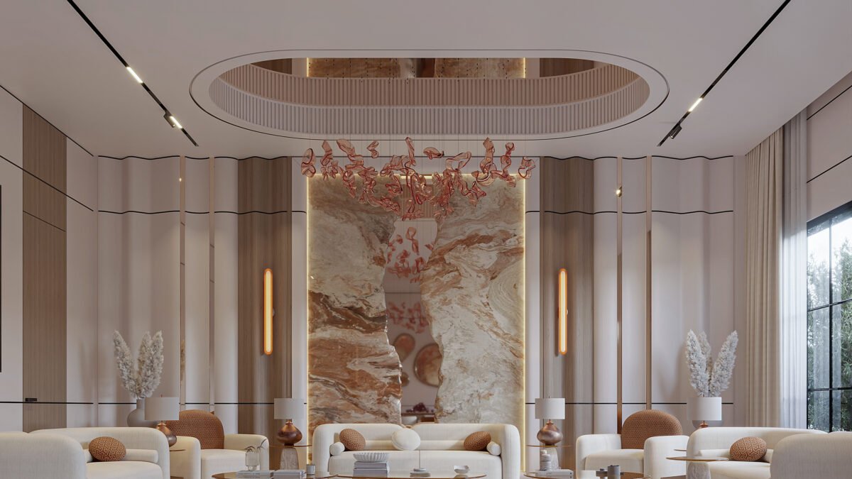 Luxury modern living room with marble feature wall and sculptural chandelier in Kuwait