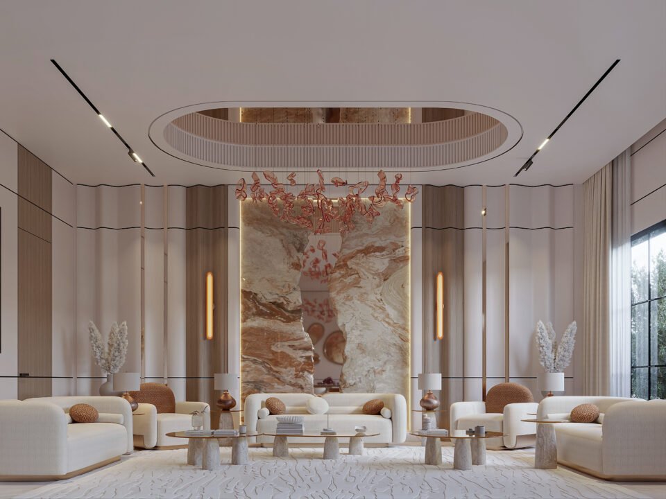 Luxury modern living room with marble feature wall and sculptural chandelier in Kuwait