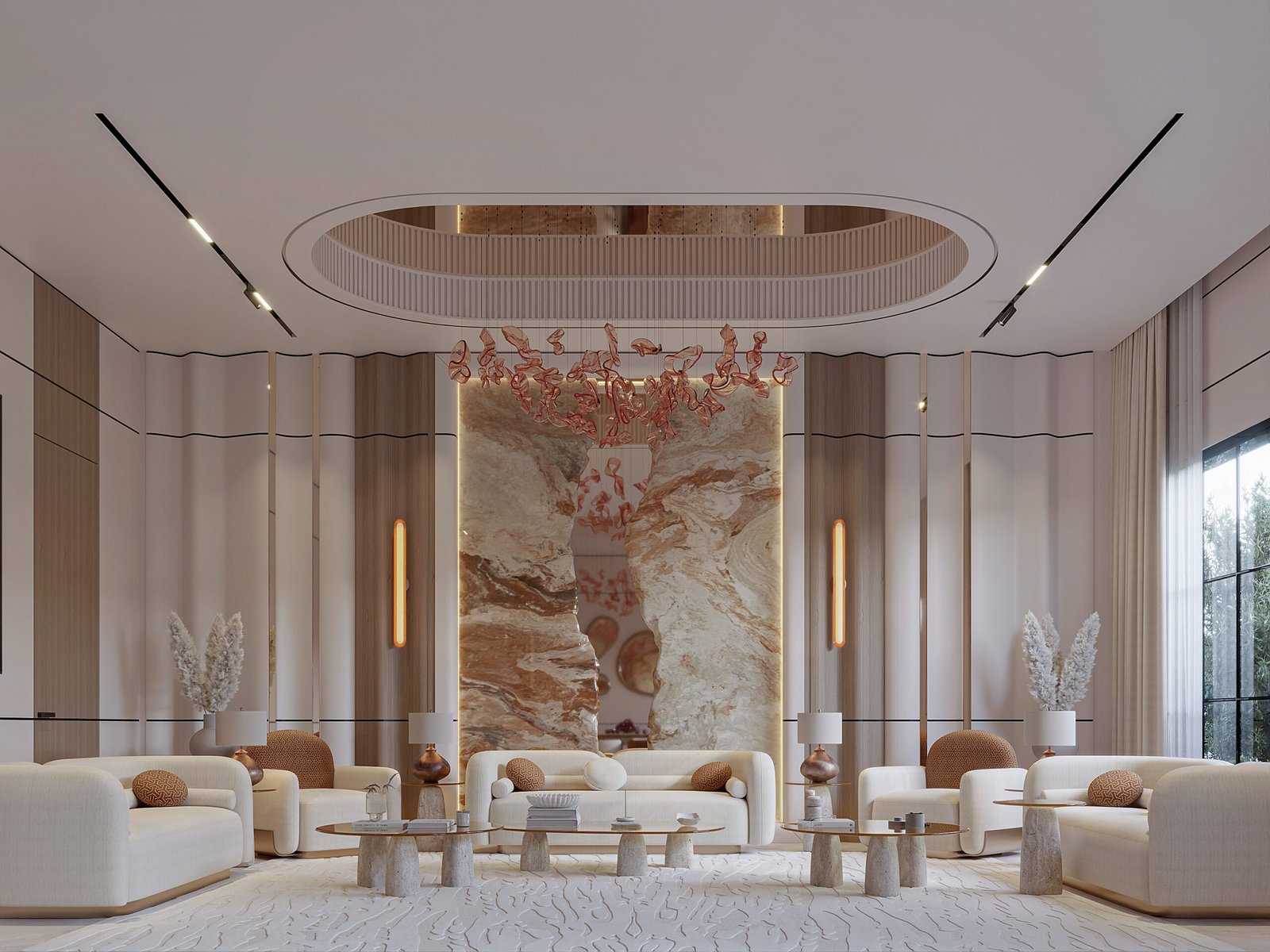 Luxury modern living room with marble feature wall and sculptural chandelier in Kuwait