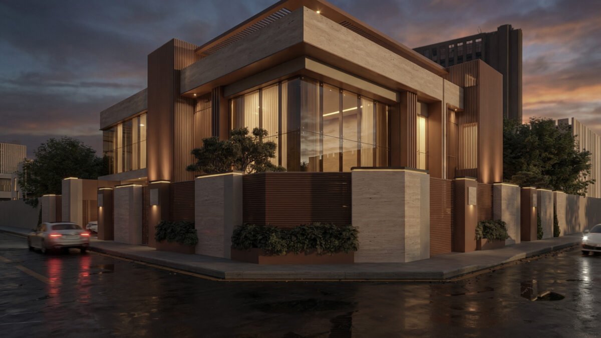 Evening view of illuminated modern villa in Riyadh