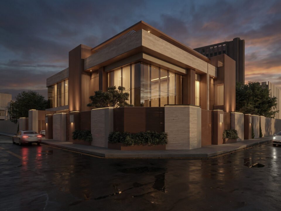 Evening view of illuminated modern villa in Riyadh