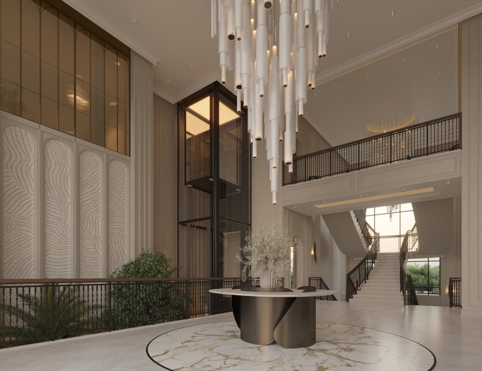 Luxury villa lobby in Riyadh with double-height ceiling, modern chandelier, marble flooring, and glass elevator design