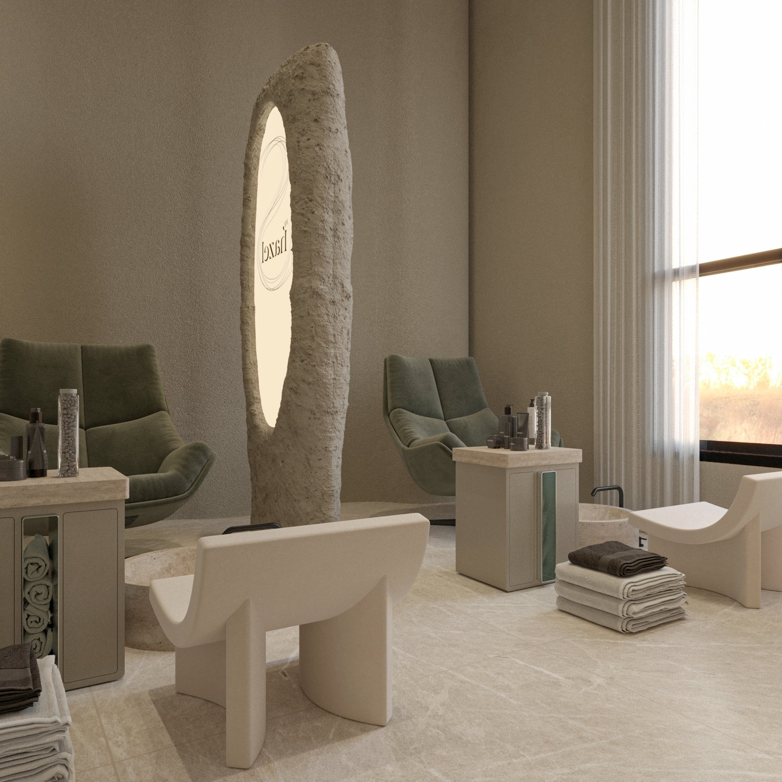 Luxury spa salon interior in Kuwait featuring curved architecture, manicure stations, and integrated shelving