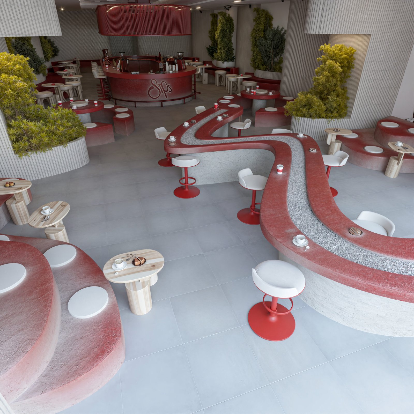 Modern cafe interior in Basrah with red sculptural seating and central bar design