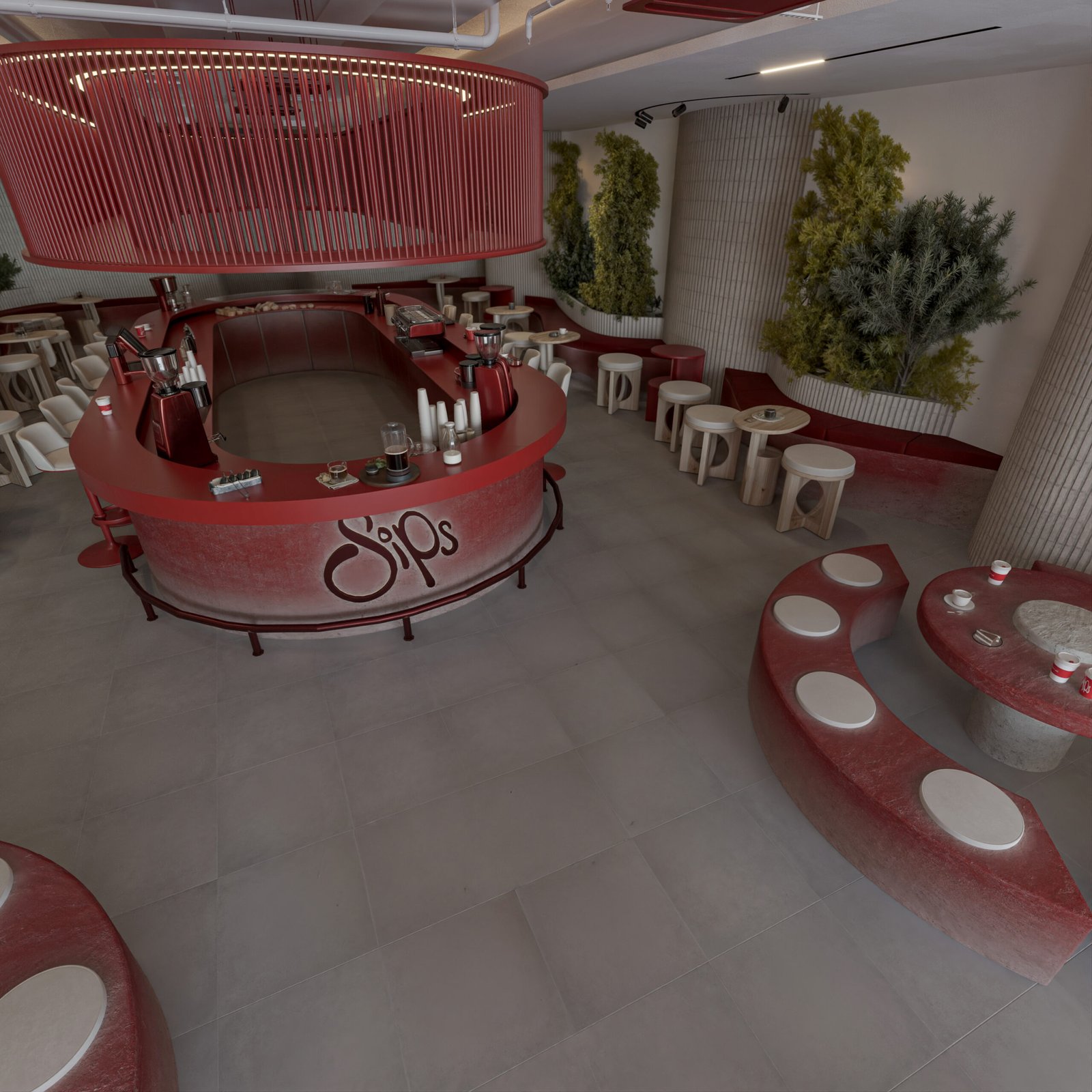 Modern cafe interior in Basrah with red sculptural seating and central bar design