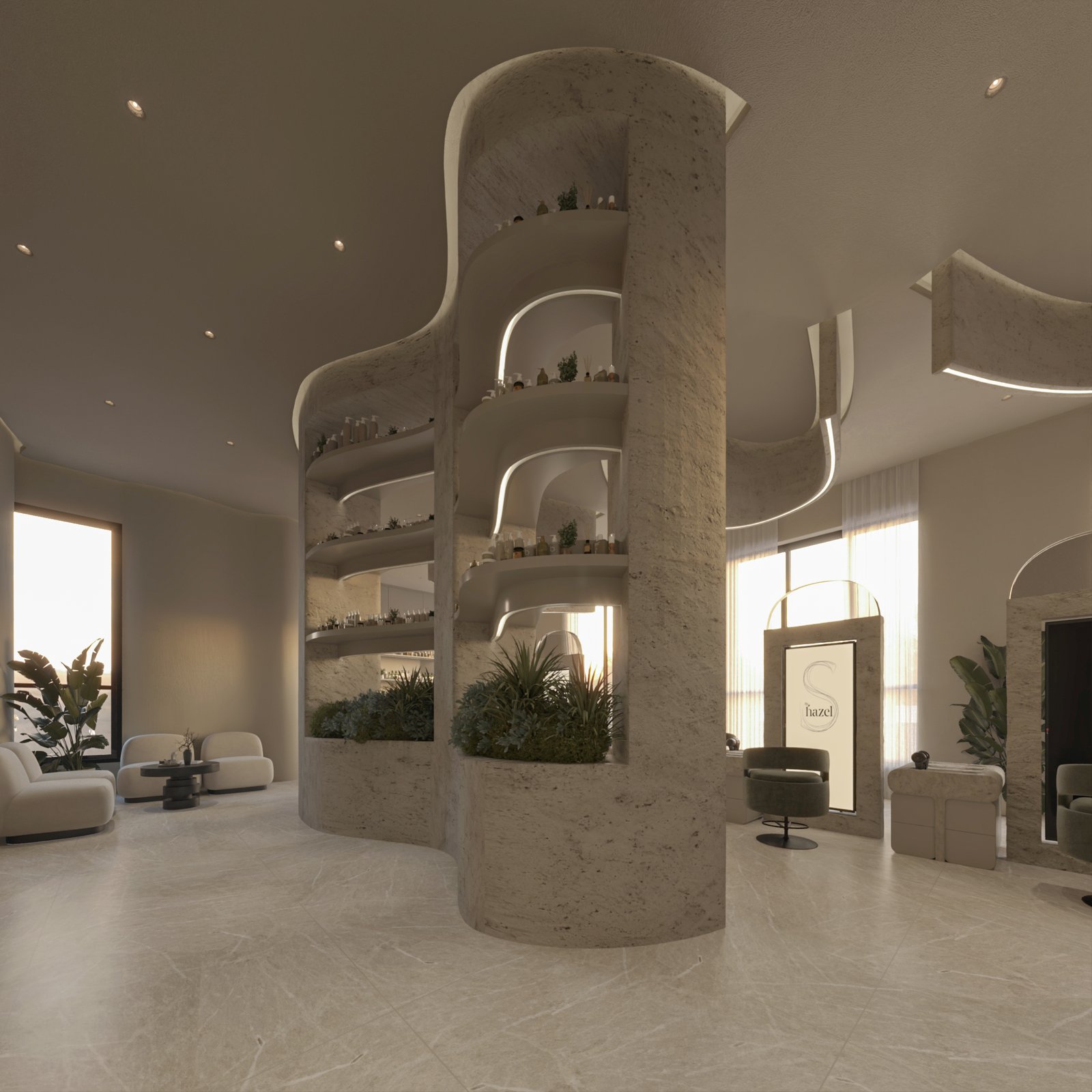 Luxury spa salon interior in Kuwait featuring curved architecture, manicure stations, and integrated shelving