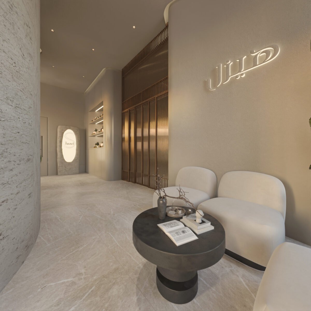 Luxury spa salon interior in Kuwait featuring curved architecture, manicure stations, and integrated shelving