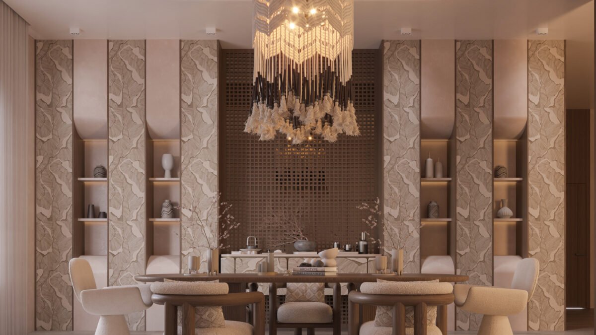 Warm contemporary dining room with wood table, textured walls, and sculptural chandelier