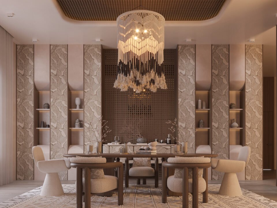 Warm contemporary dining room with wood table, textured walls, and sculptural chandelier