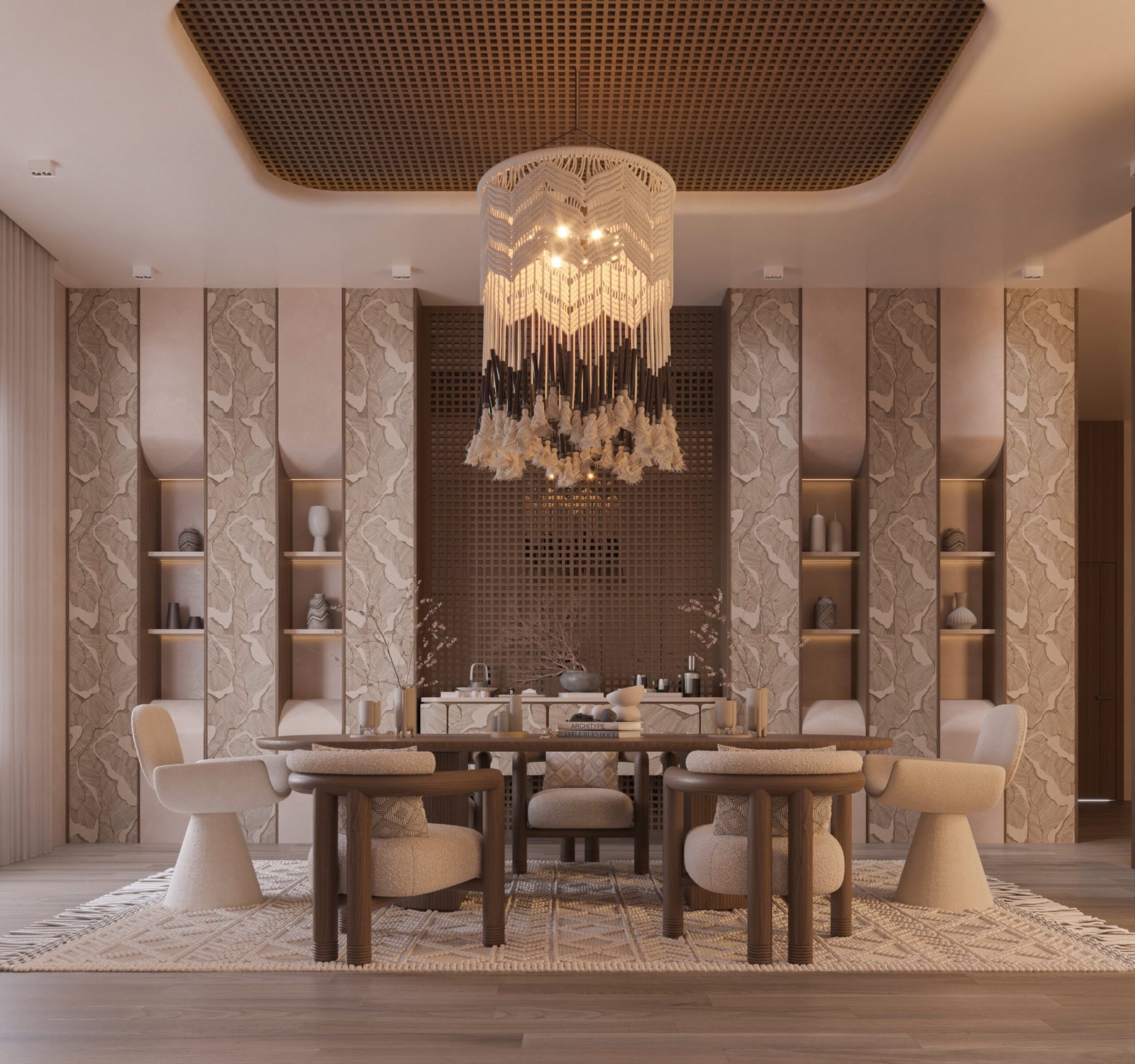 Warm contemporary dining room with wood table, textured walls, and sculptural chandelier
