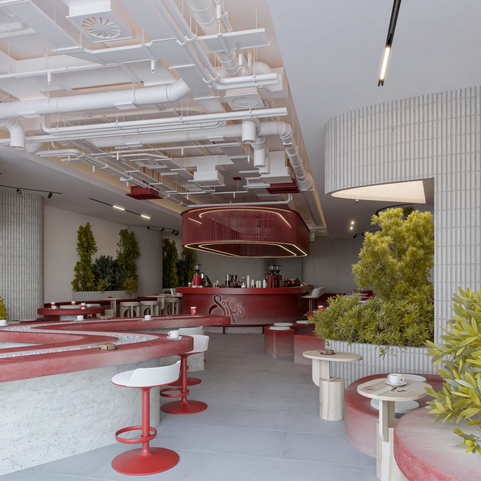 Modern cafe interior in Basrah with red sculptural seating and central bar design