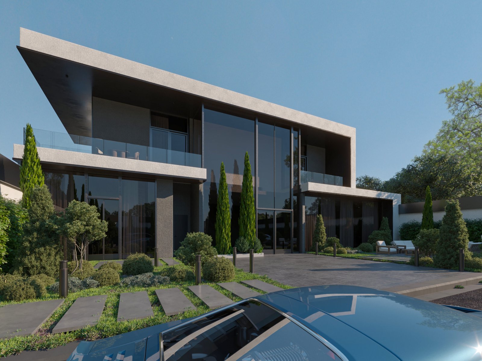 Contemporary Saudi villa entrance with landscaped front yard