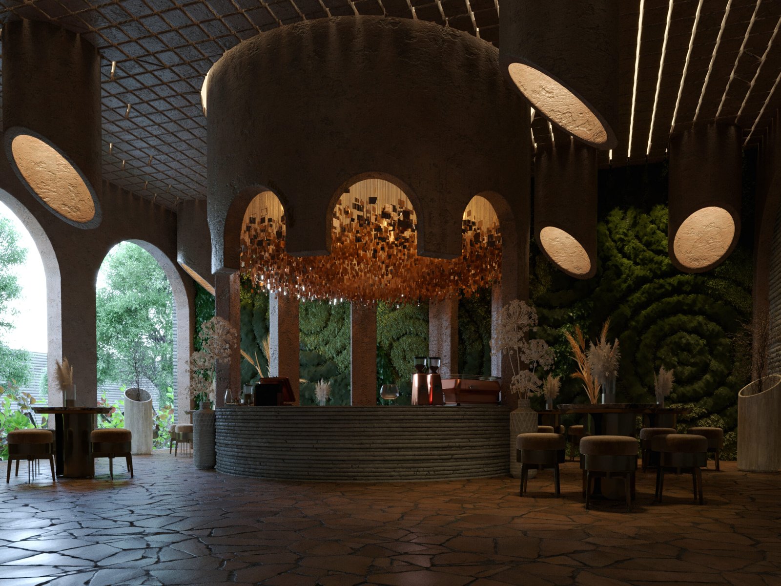 Sculptural café interior with curved concrete forms and green wall in Northern Cyprus