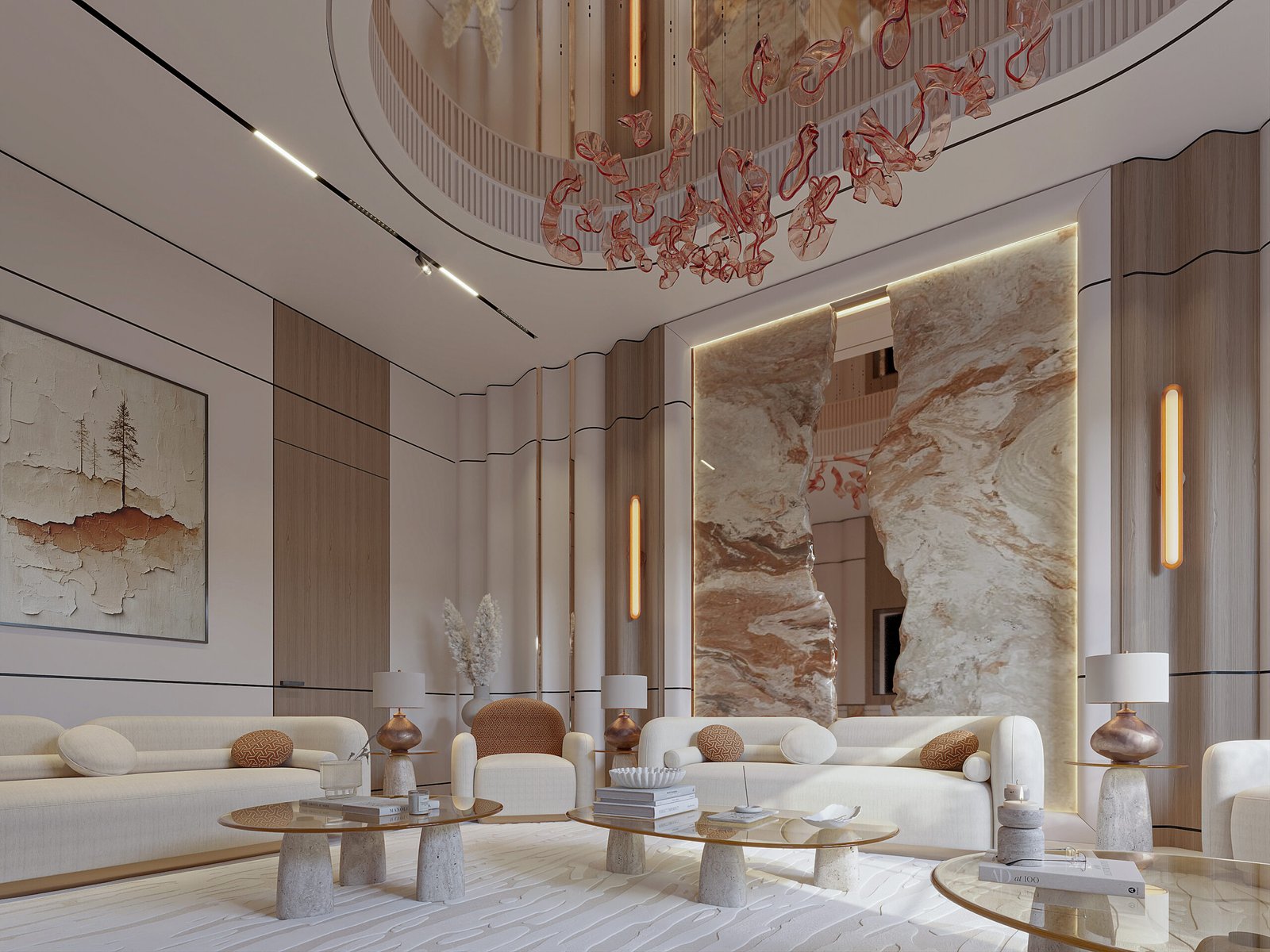 Luxury modern living room with marble feature wall and sculptural chandelier in Kuwait