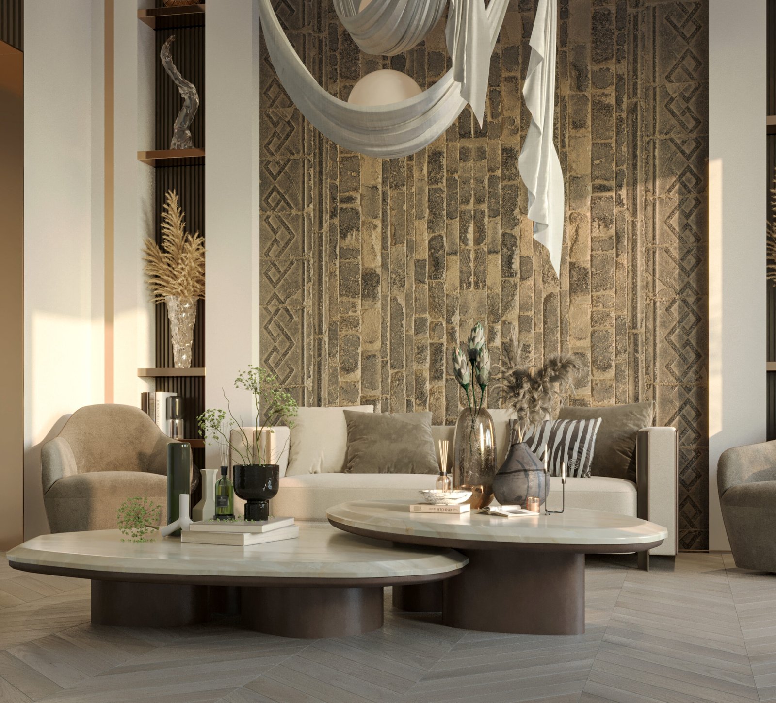 A contemporary seating arrangement featuring neutral-toned sofas, sculptural tables, and natural materials.