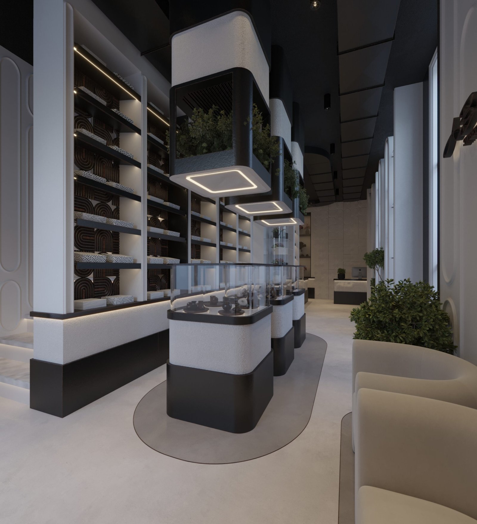 Modern chocolate boutique interior with black and white design and illuminated display units