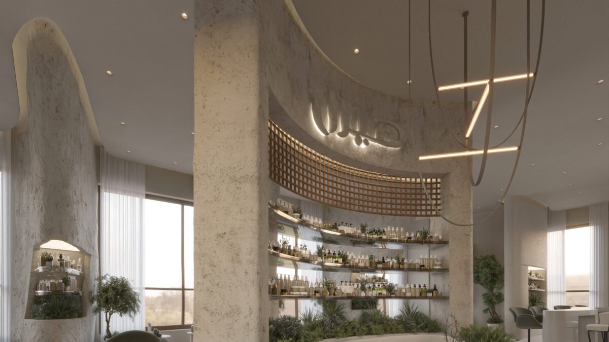 Modern spa salon interior with curved walls and natural materials