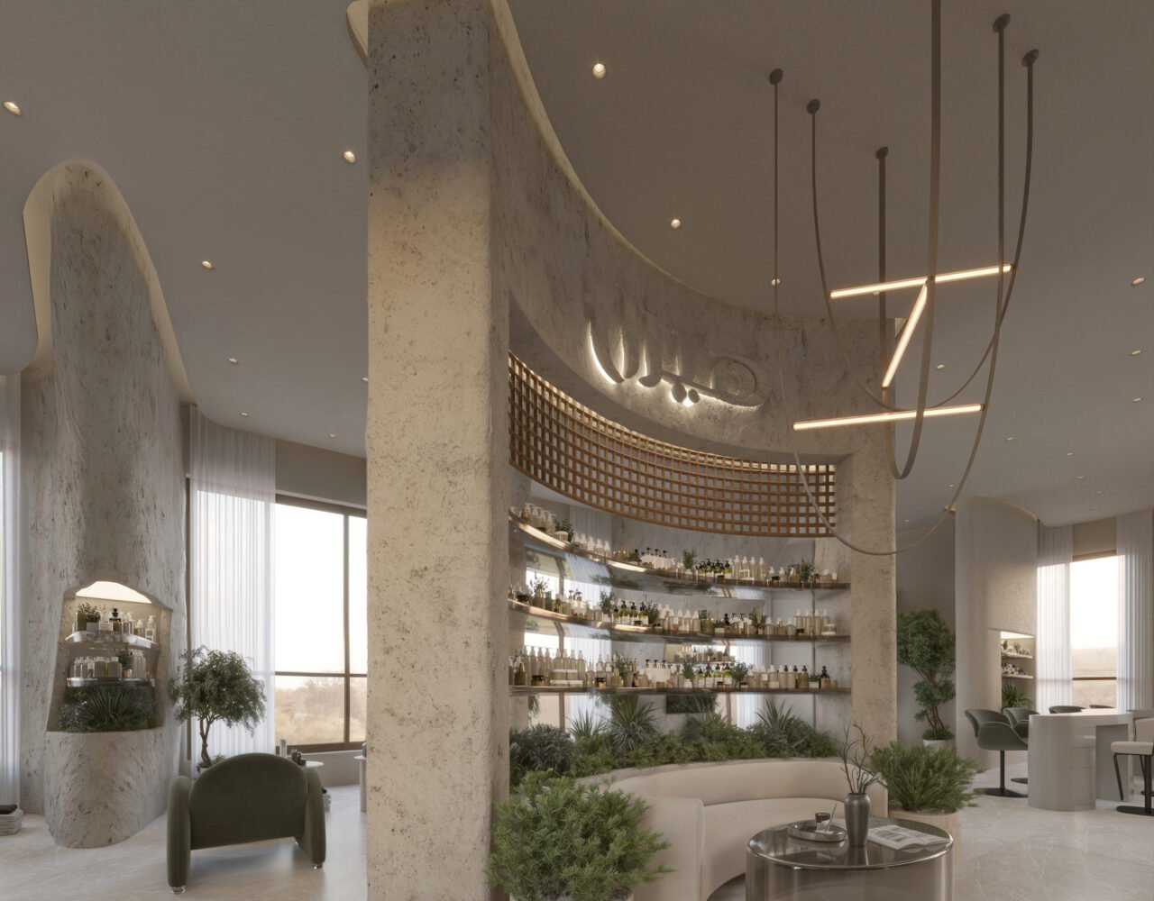 Modern spa salon interior with curved walls and natural materials