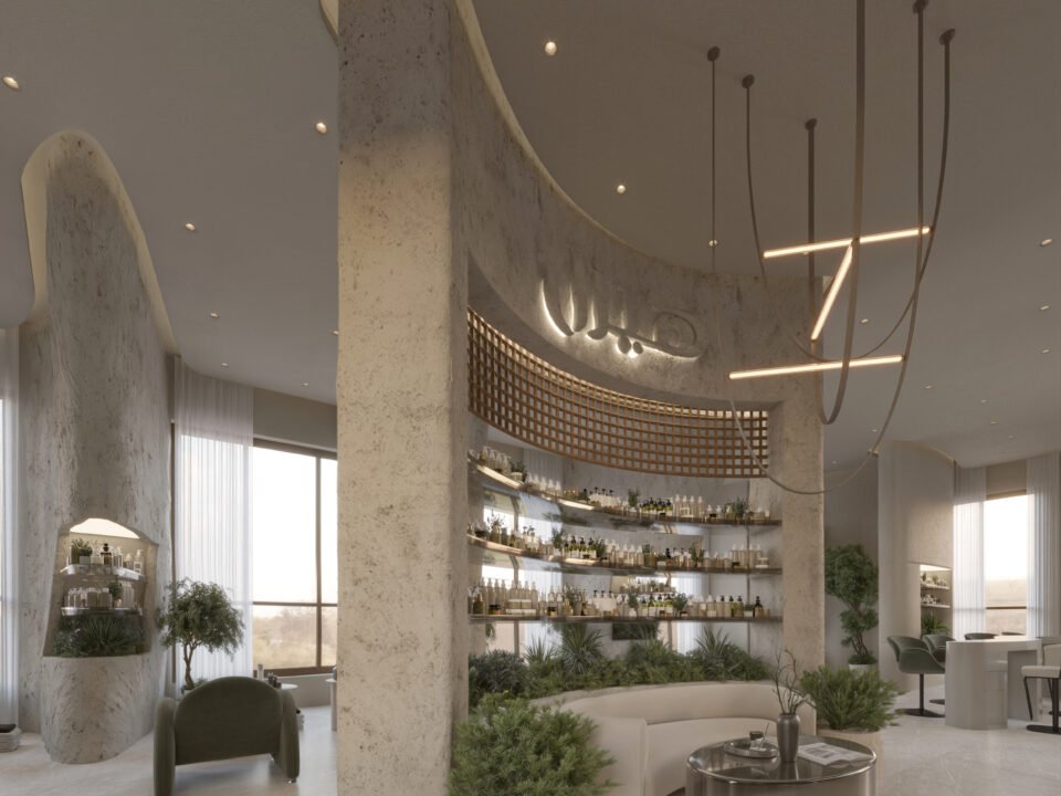 Modern spa salon interior with curved walls and natural materials