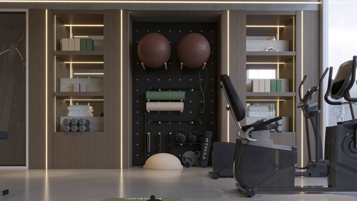 Modern private gym interior with wooden panels and LED lighting