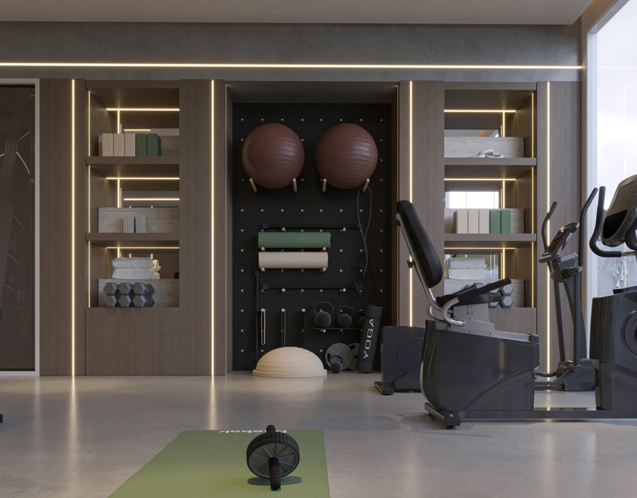 Modern private gym interior with wooden panels and LED lighting