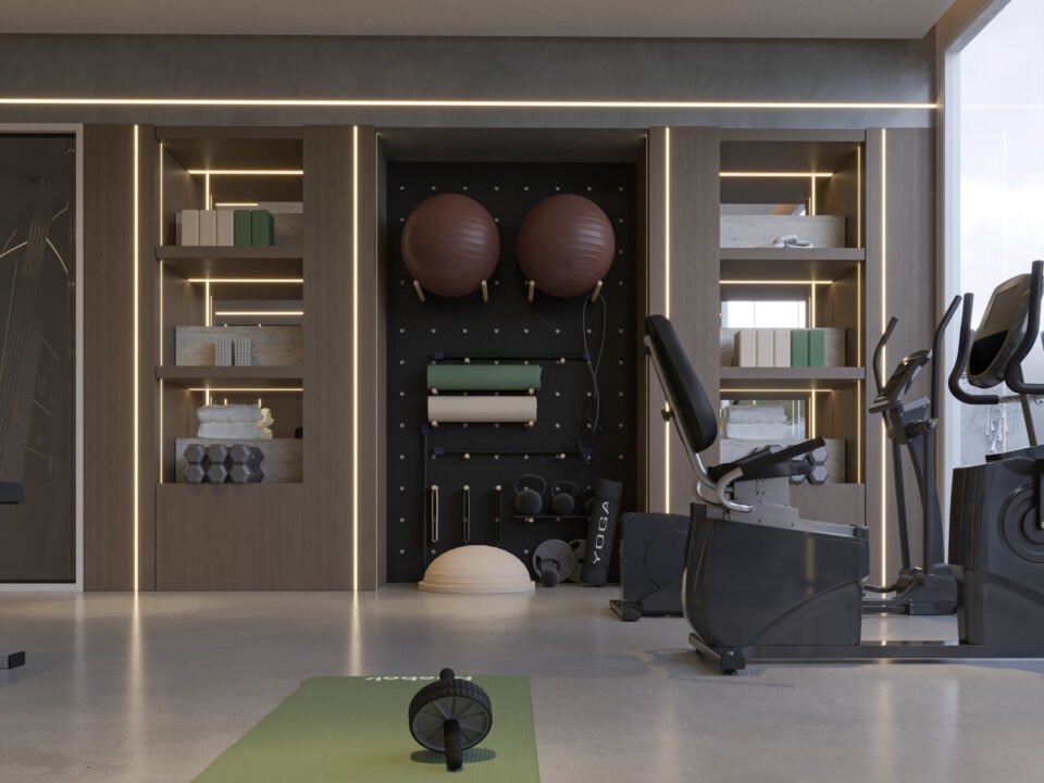 Modern private gym interior with wooden panels and LED lighting