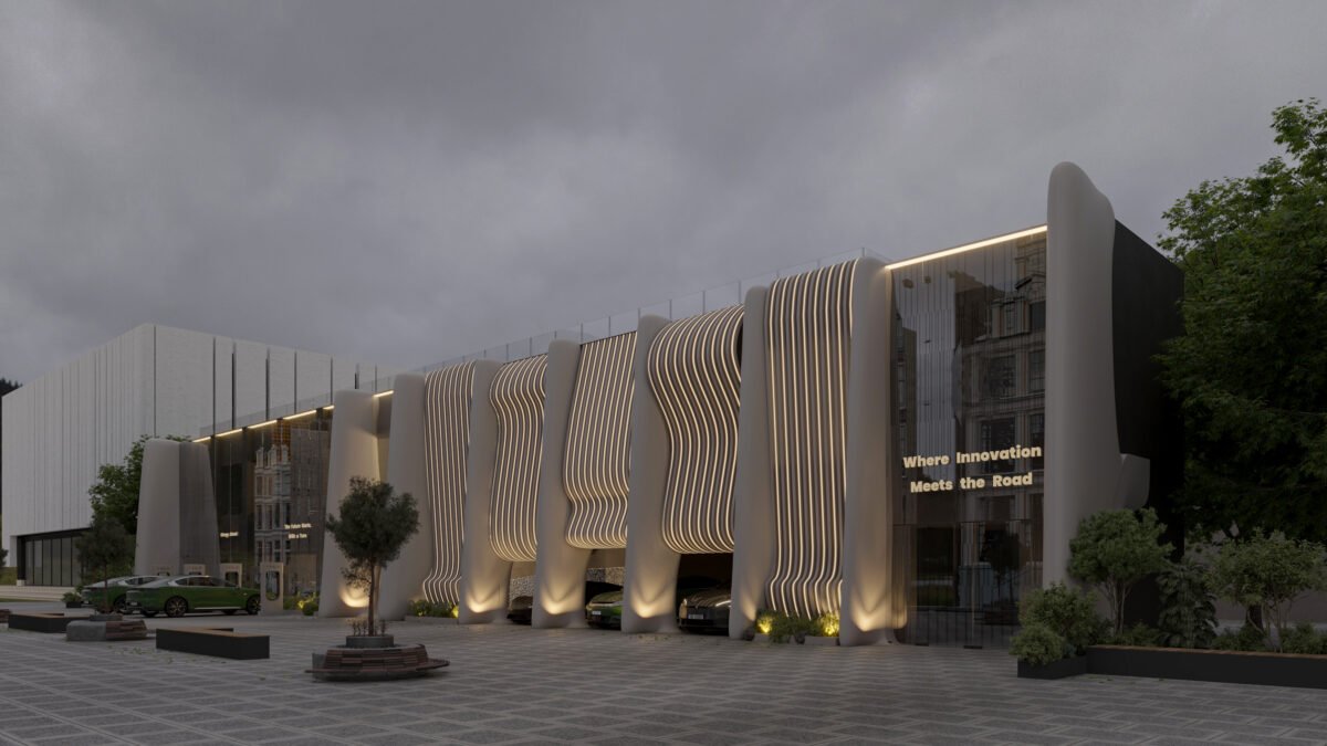 Modern electric vehicle gallery in Lagos with organic illuminated facade and glass frontage