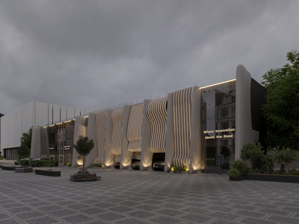 Modern electric vehicle gallery in Lagos with organic illuminated facade and glass frontage