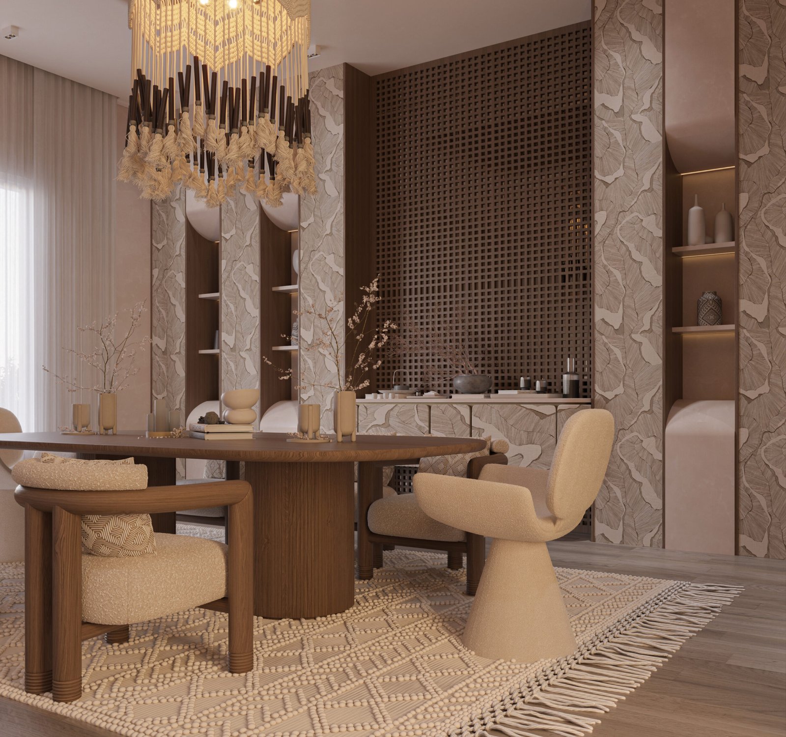 A top-down composition showing the oval wooden dining table surrounded by soft upholstered seating and a textured rug that defines the space.