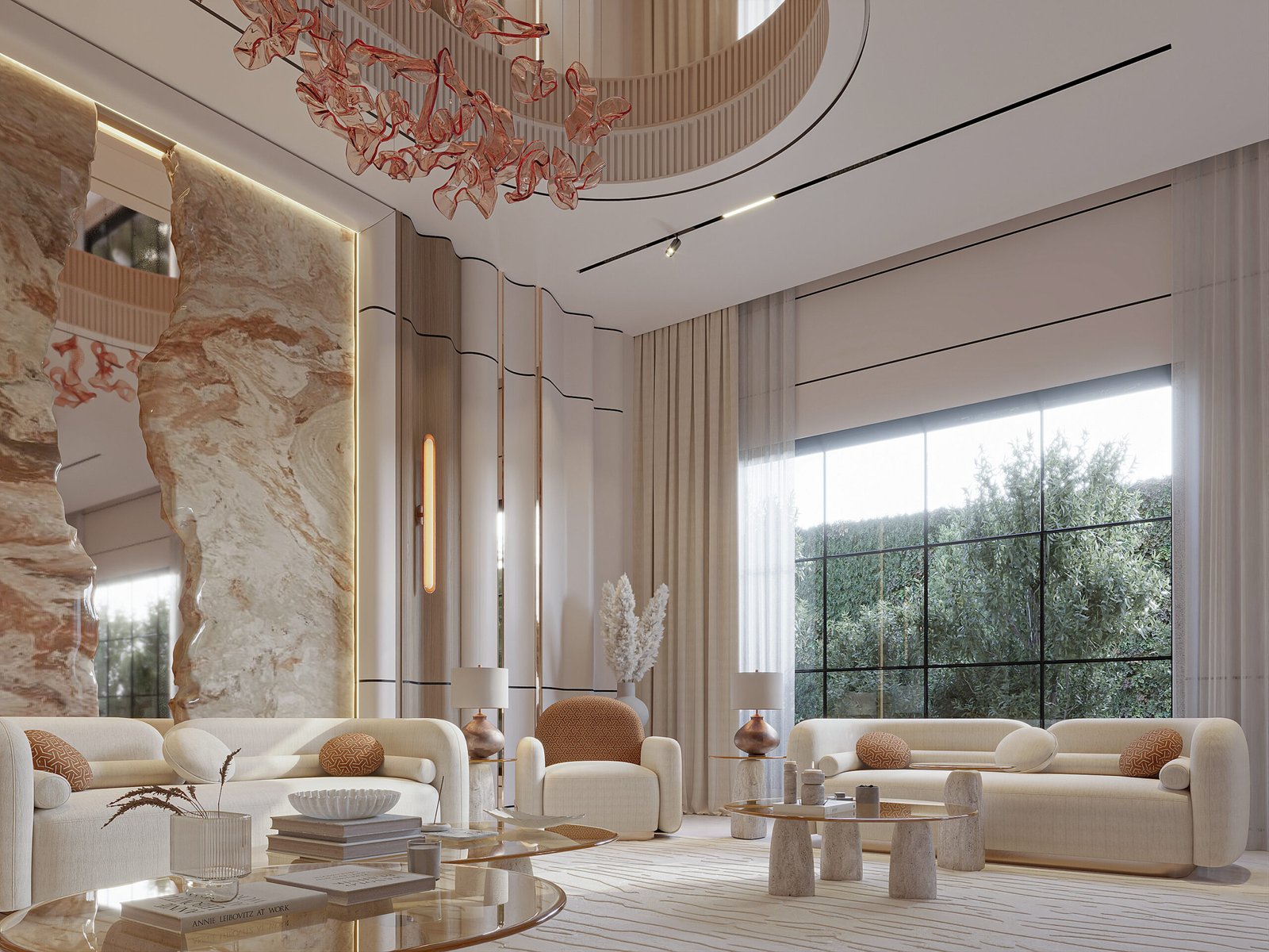 Luxury modern living room with marble feature wall and sculptural chandelier in Kuwait