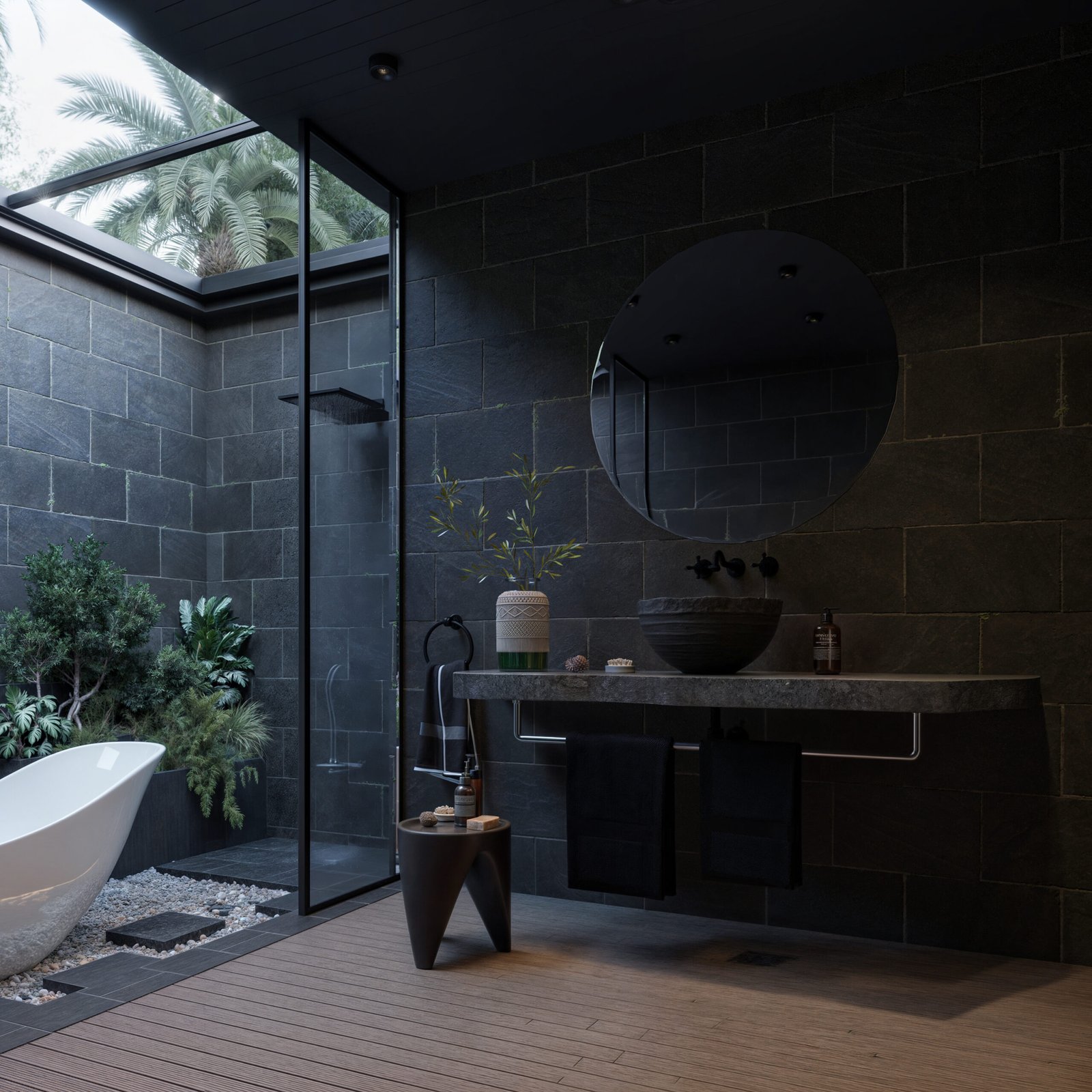     A serene bathroom space featuring dark stone walls, a skylight, and a rainfall shower integrated into an open-air courtyard.