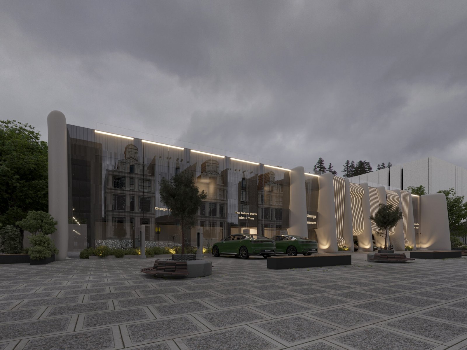 Exterior view highlighting the transparency of the showroom and the connection between architecture and displayed vehicles.