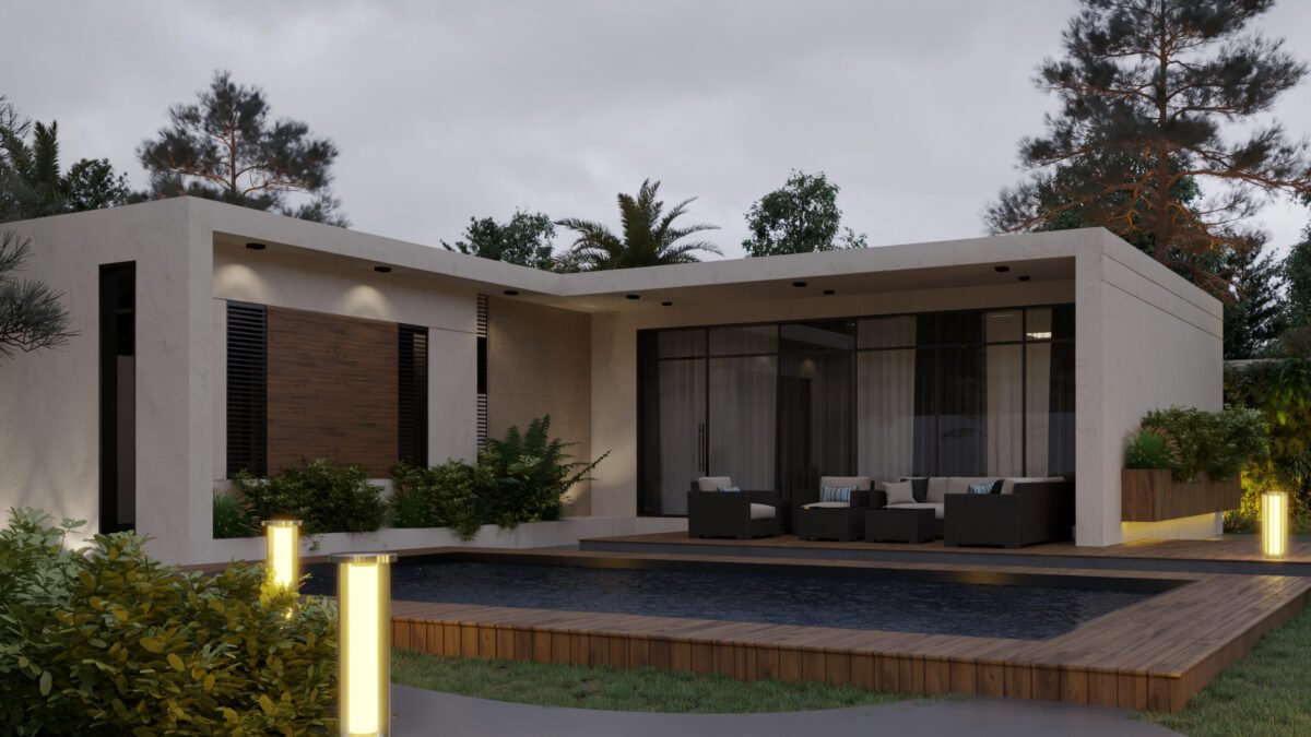 Modern farmhouse terrace with pool in Abha forest