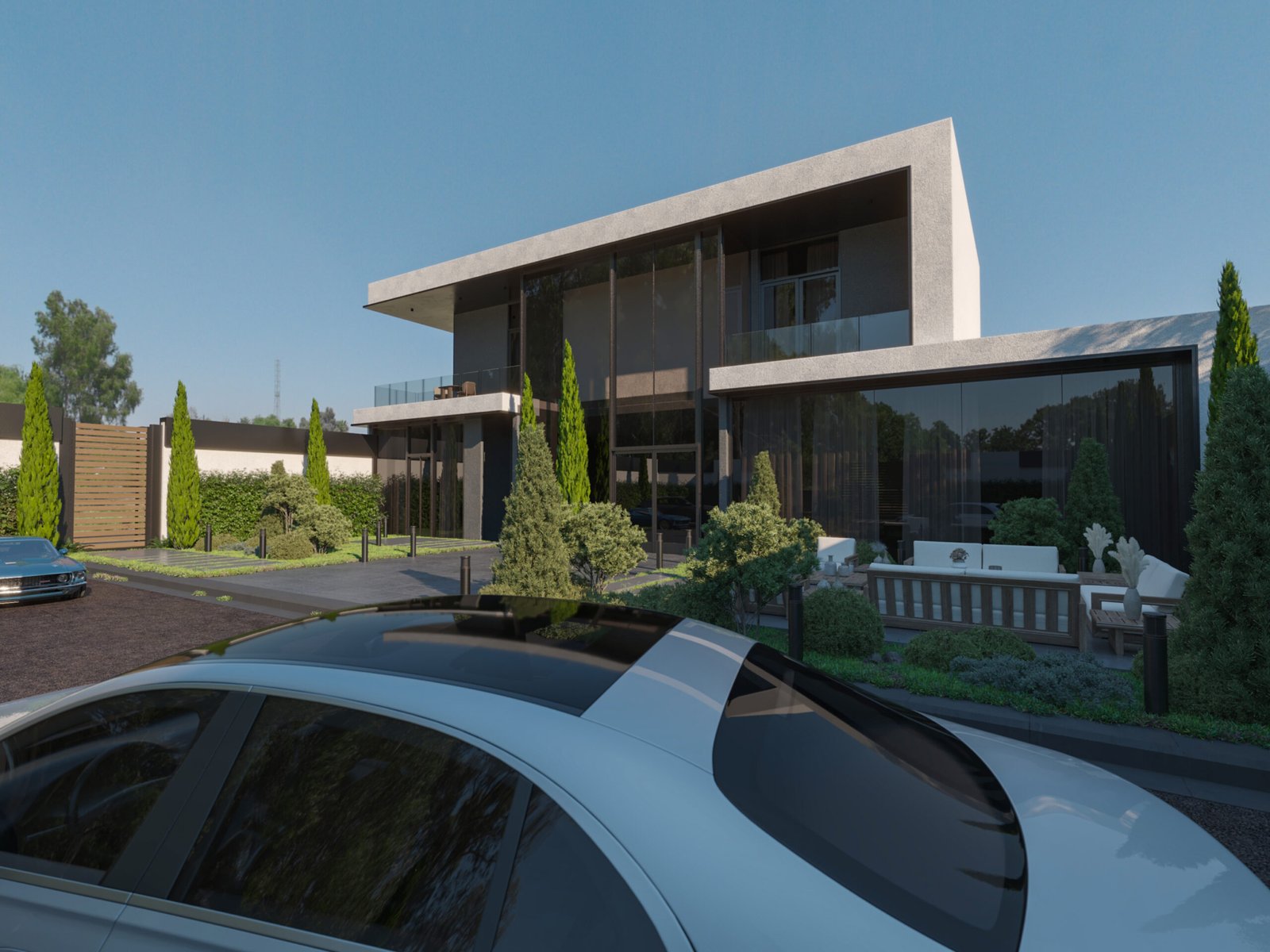 Contemporary Saudi villa entrance with landscaped front yard