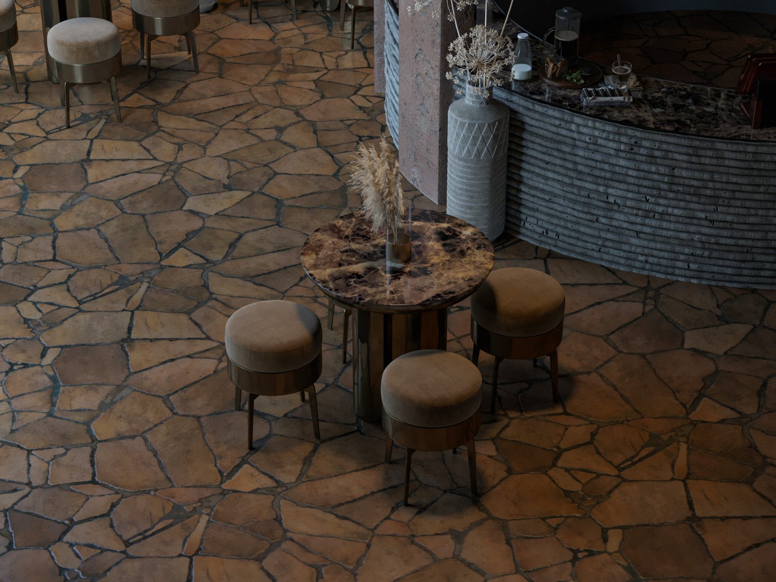 Sculptural café interior with curved concrete forms and green wall in Northern Cyprus
