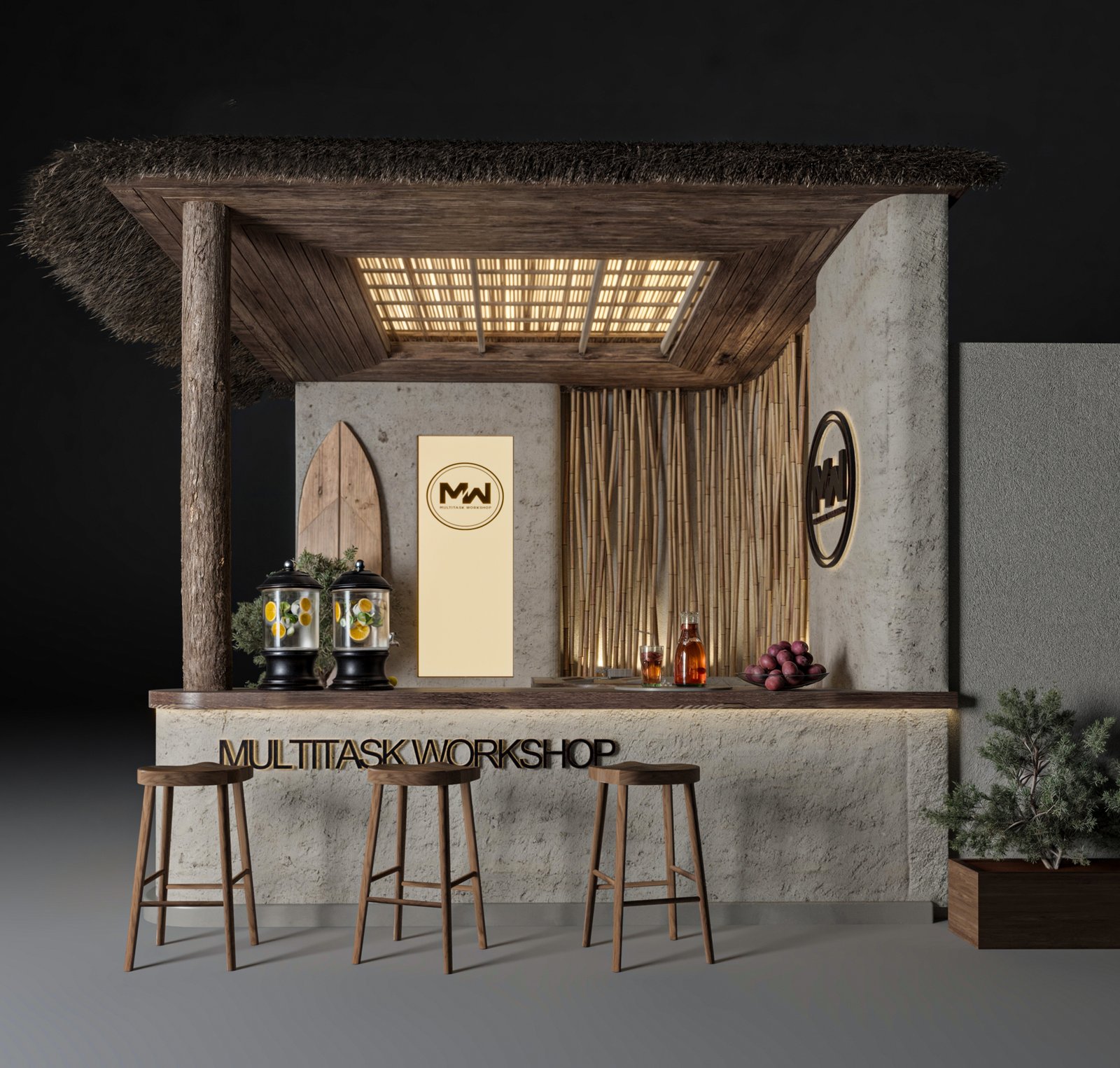 A compact exhibition booth designed to merge construction identity with a tropical spatial experience using layered materials and atmospheric lighting.