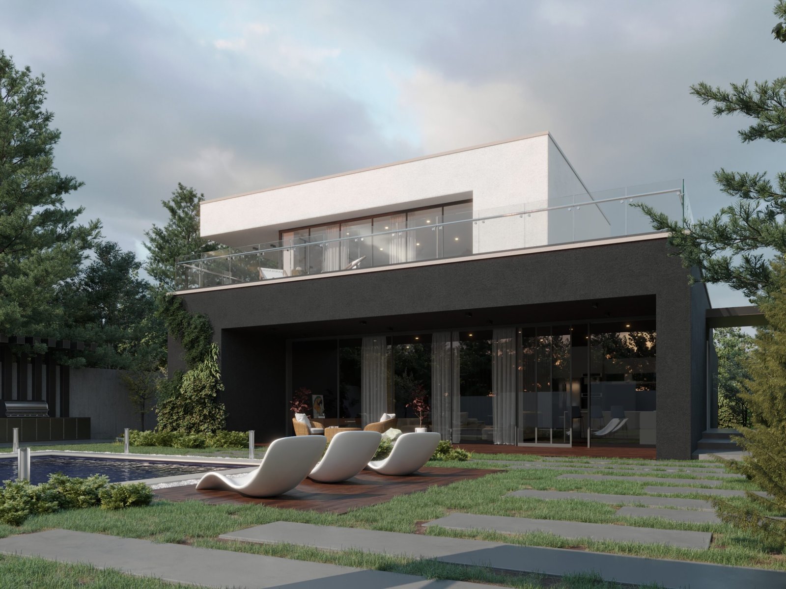  A modern two-story villa featuring clean geometric volumes, large glass openings, and a landscaped pool area.