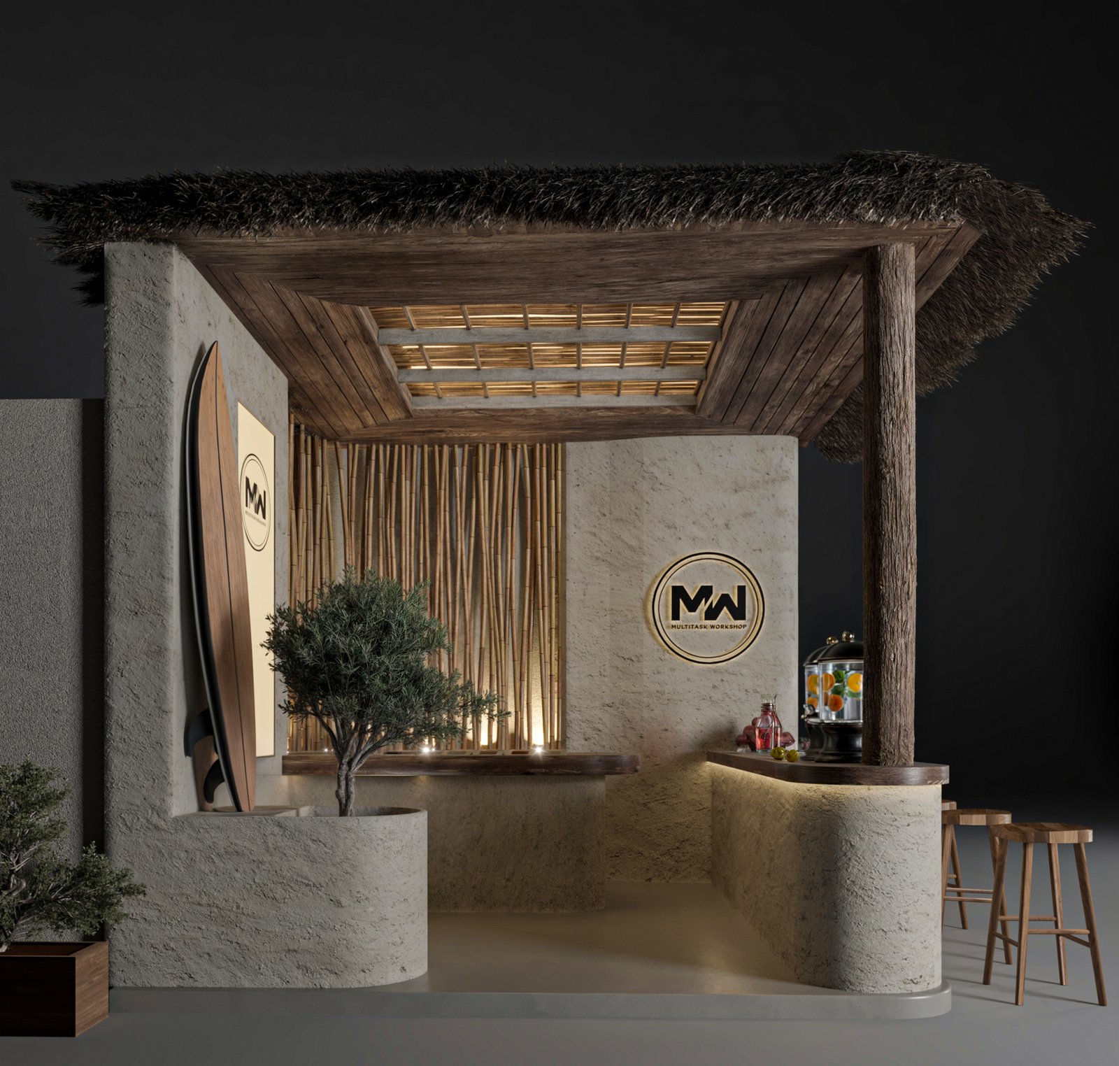 A compact exhibition booth designed to merge construction identity with a tropical spatial experience using layered materials and atmospheric lighting.