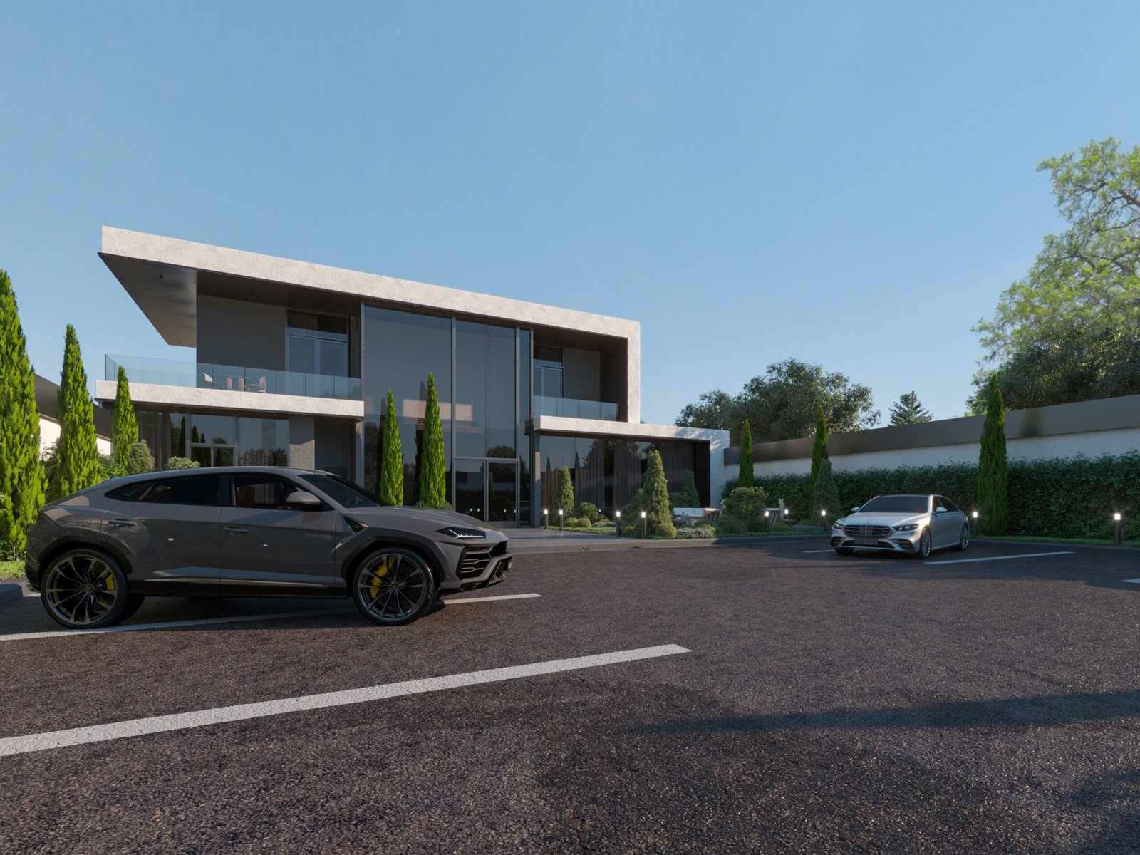 Modern guest villa façade in Riyadh with glass walls and minimalist design