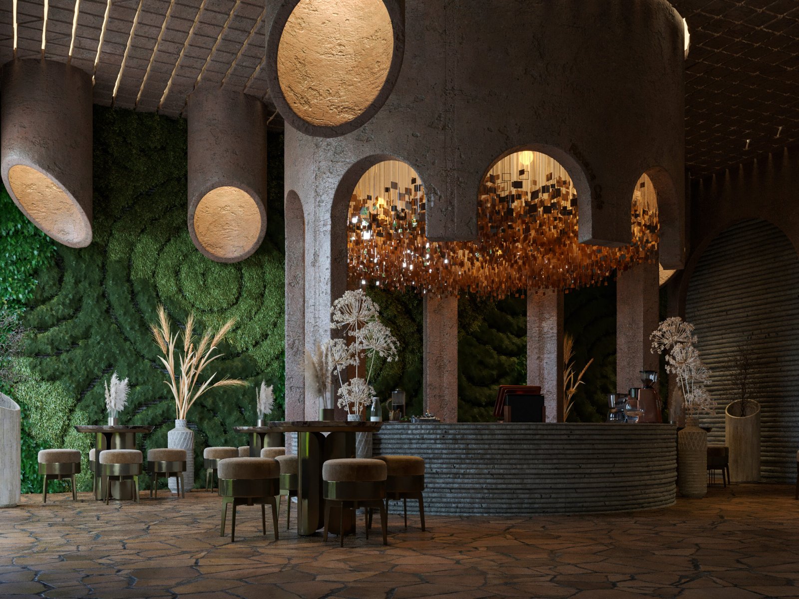 Sculptural café interior with curved concrete forms and green wall in Northern Cyprus