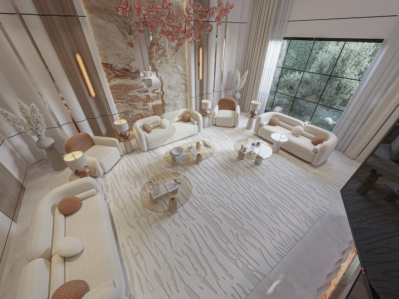 Luxury modern living room with marble feature wall and sculptural chandelier in Kuwait