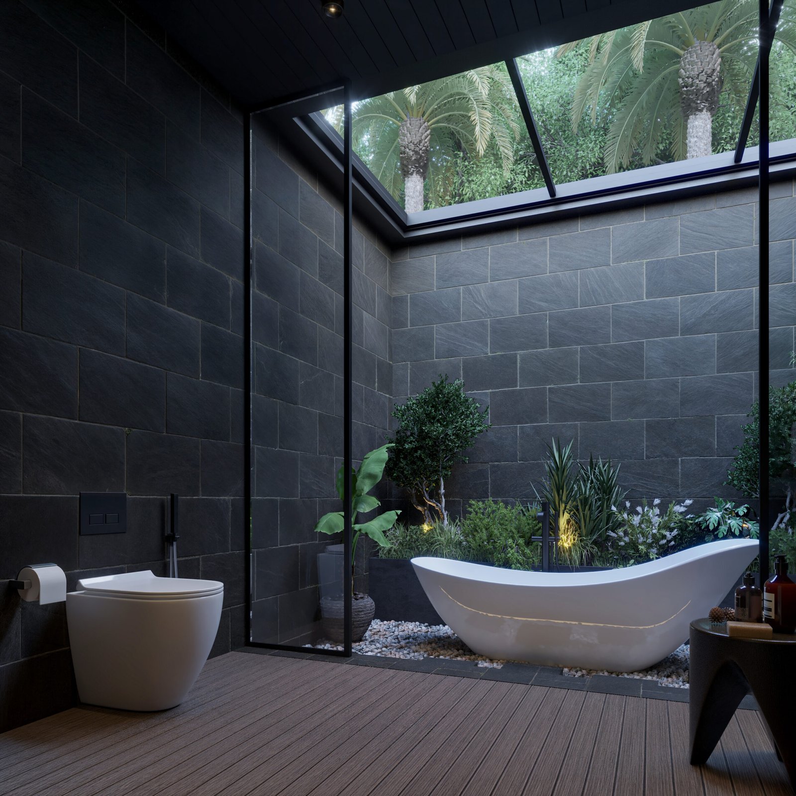     A serene bathroom space featuring dark stone walls, a skylight, and a rainfall shower integrated into an open-air courtyard.     A serene bathroom space featuring dark stone walls, a skylight, and a rainfall shower integrated into an open-air courtyard.