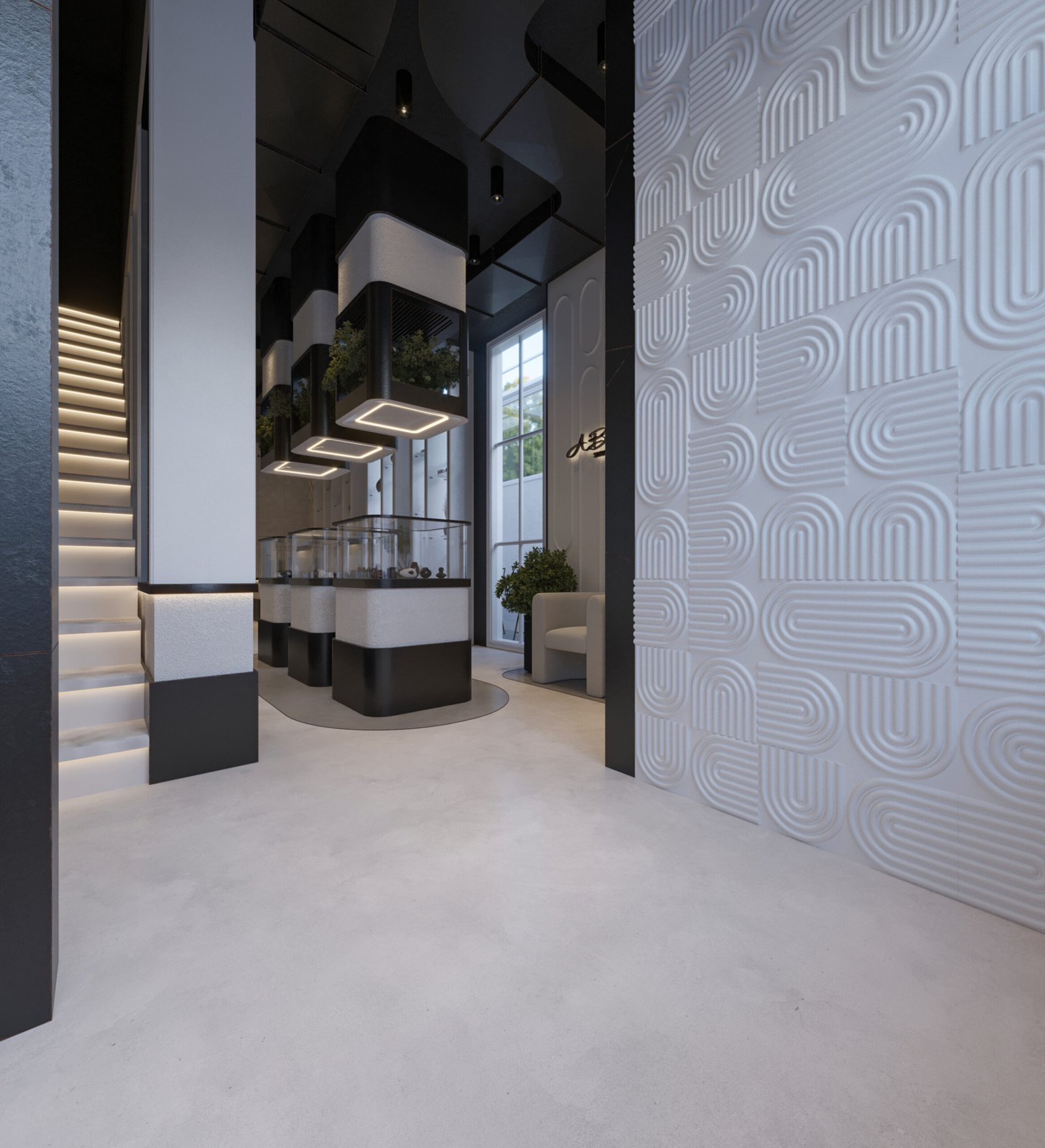 Modern chocolate boutique interior with black and white design and illuminated display units