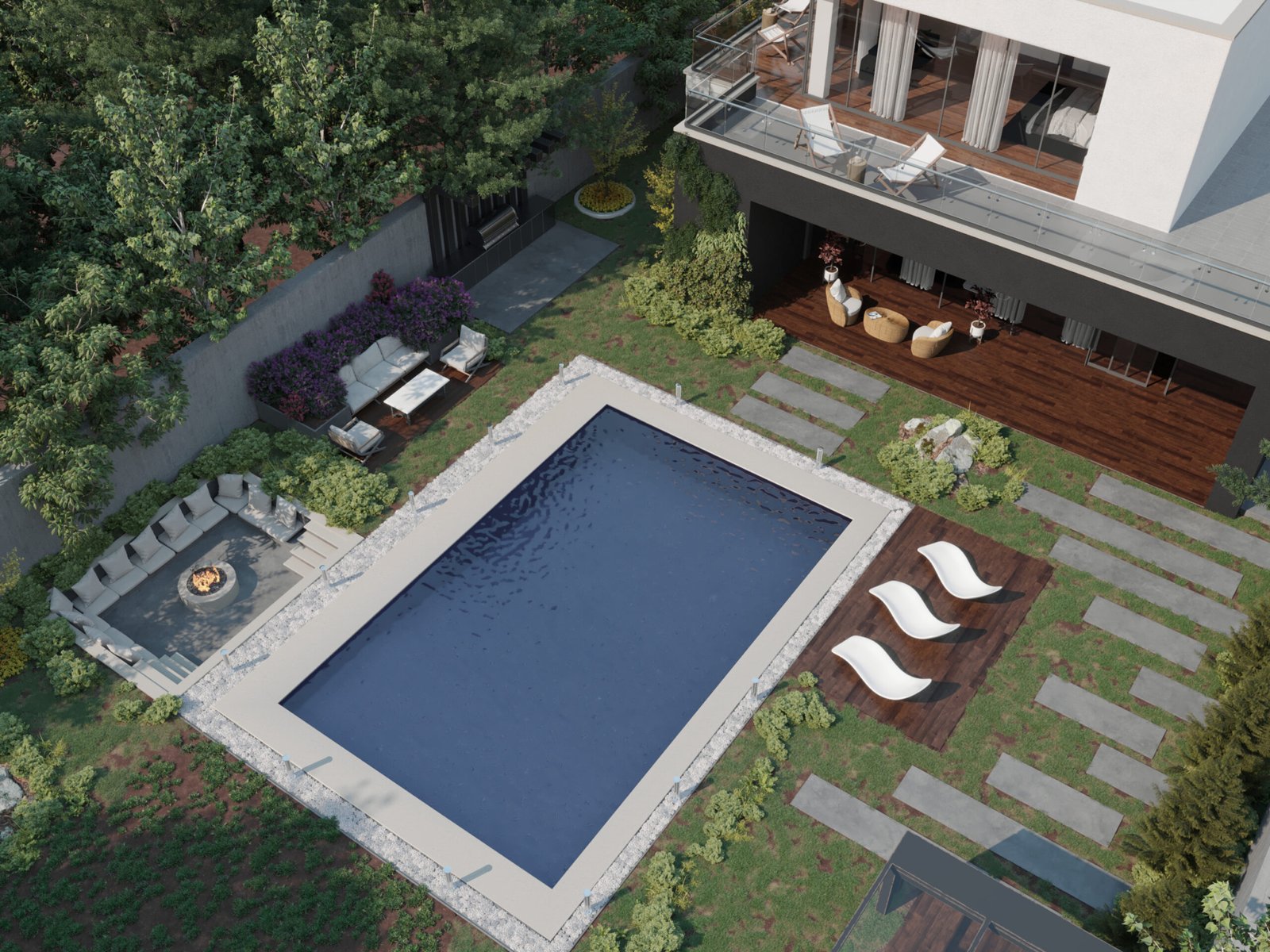  A modern two-story villa featuring clean geometric volumes, large glass openings, and a landscaped pool area.