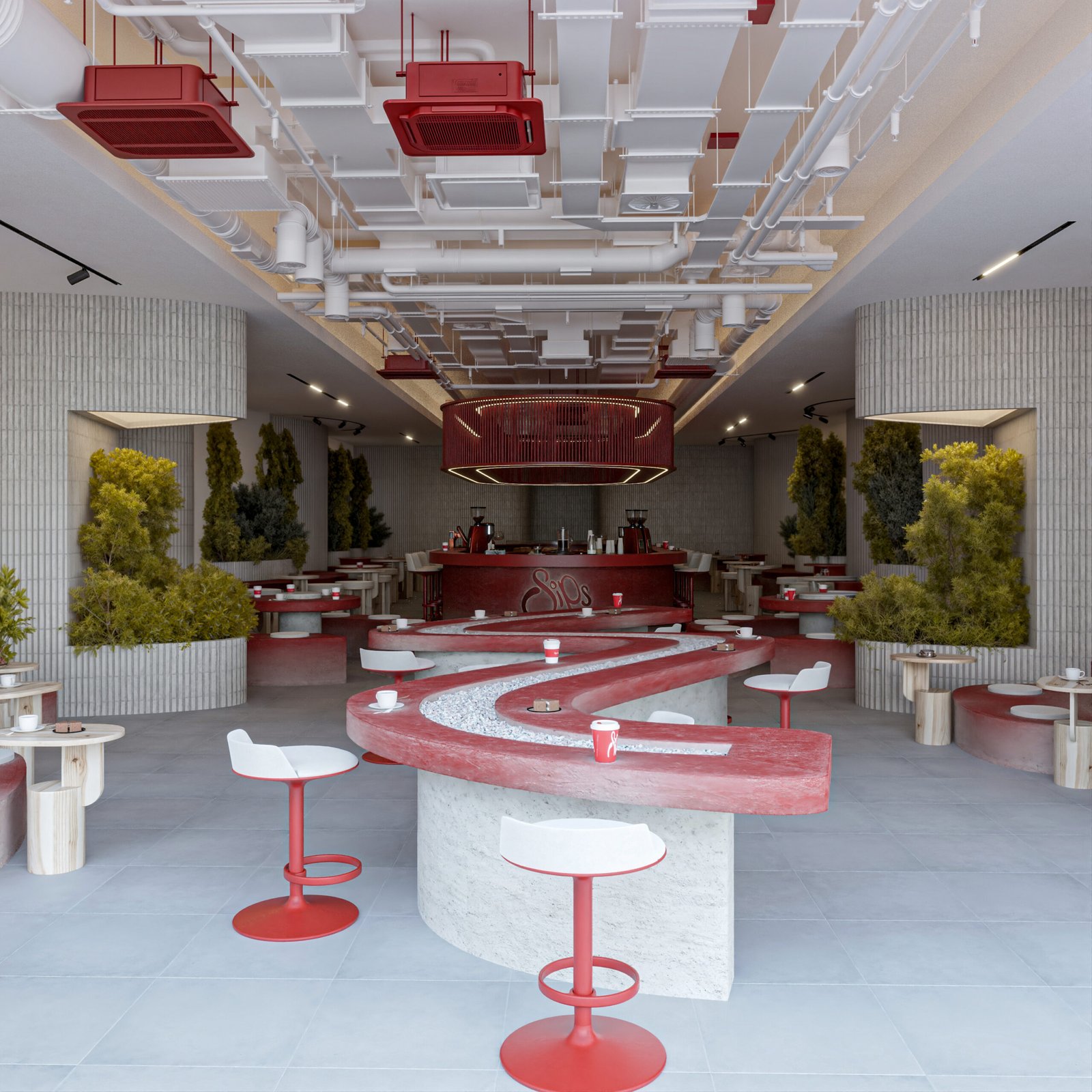 Modern cafe interior in Basrah with red sculptural seating and central bar design
