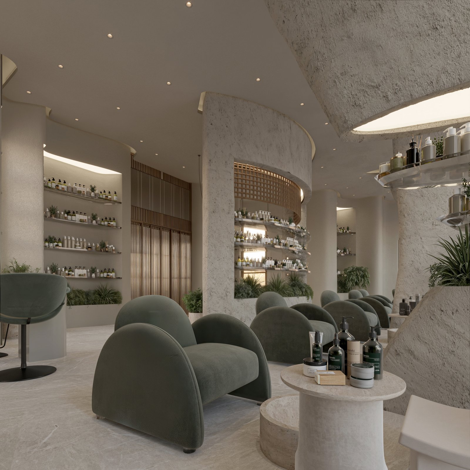 Luxury spa salon interior in Kuwait featuring curved architecture, manicure stations, and integrated shelving