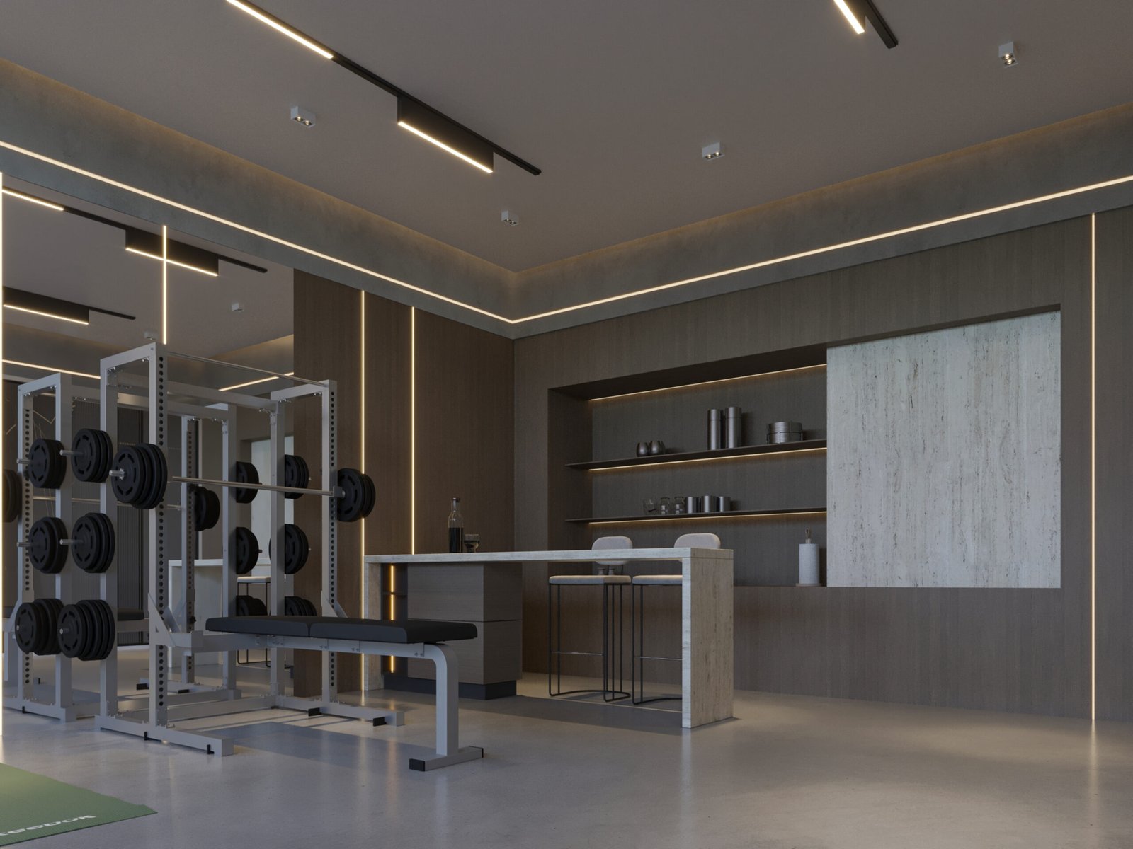 Modern private gym interior with wooden panels and LED lighting